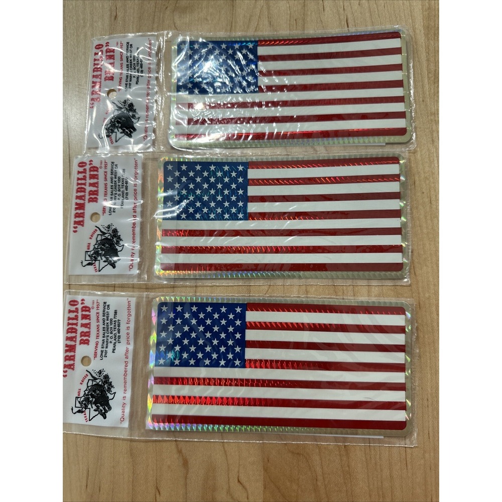 Lot 3 Armadillo Brand American Flag Sticker Holographic Decal Vintage 90s NOS 6"